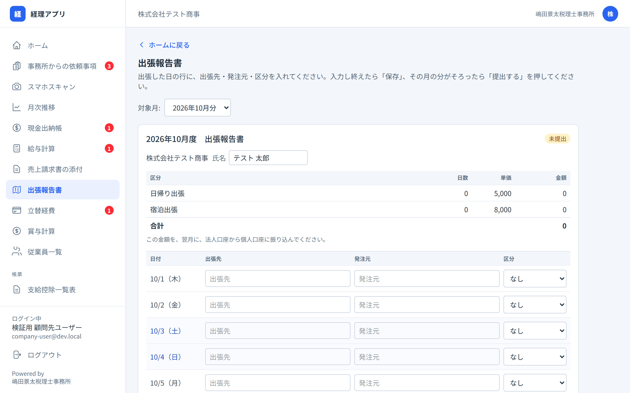 出張報告書の画面